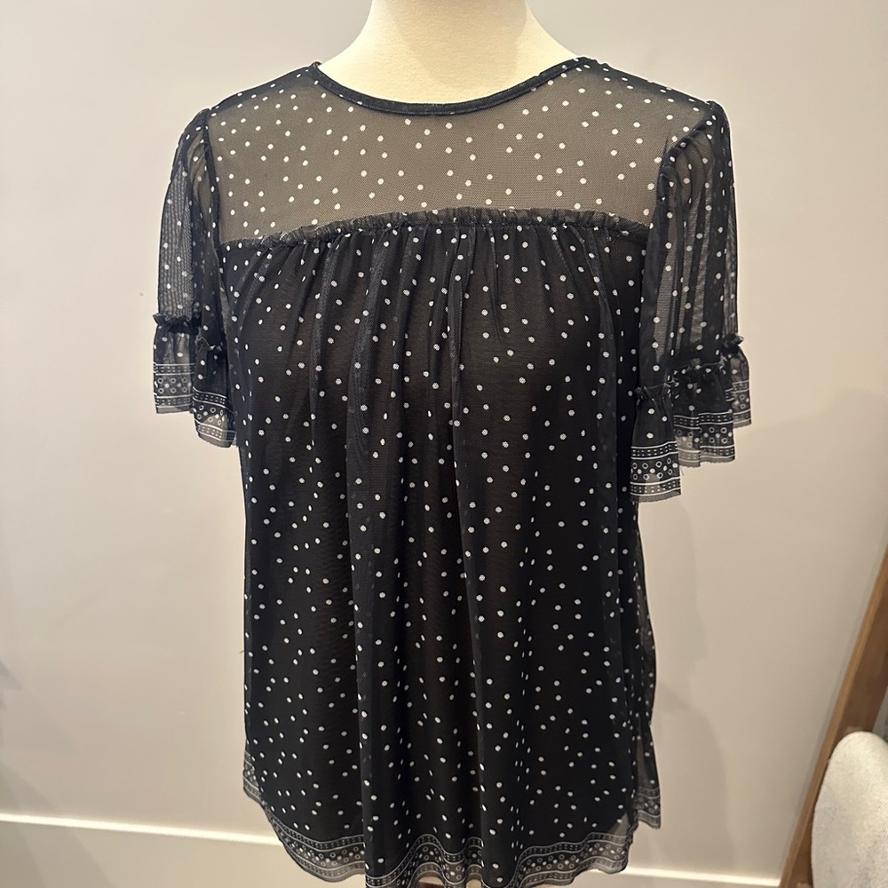 ♥️ Max Studio Black Sheer Blouse with White Dots ♥️